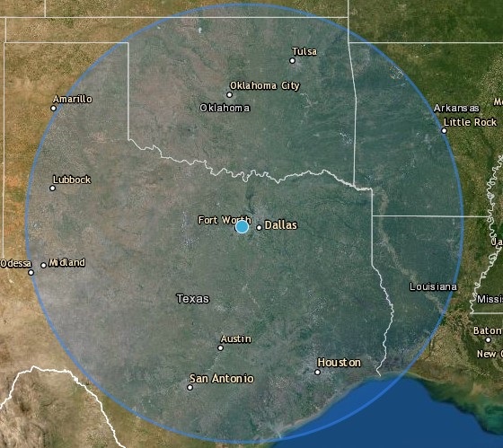 A map displaying the 350-mile radius around the Dallas / Fort Worth area.