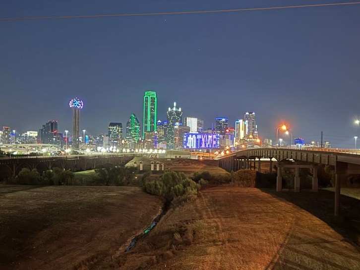 Shot of downtown Dallas as viewed from the south at night
